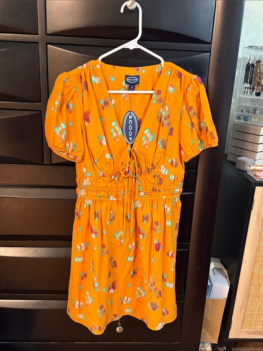 NWT Scoop Orange Floral Tie-Front Dress with Teal Accents
